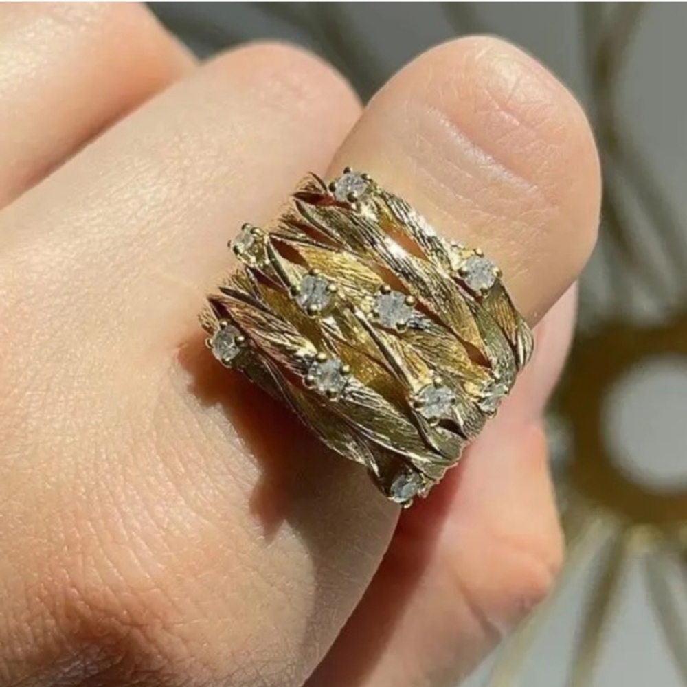 Multi-Layered Inlay Diamond Wide Gold Ring - Picture 4 of 6
